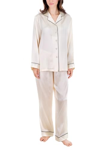 OSCAR ROSSA Women's Luxury Mulberry Silk Sleepwear 100% Silk Pajamas Set, Solid Ivory, S