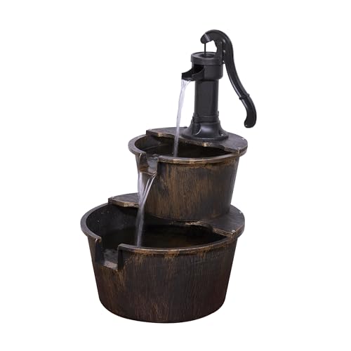 Alpine Corporation - Outdoor Rustic 2-Tiered Barrel and Pump Water Fountain – Bronze Finish, Relaxing Water Flow, Ideal for Garden, Patio, & Yard Décor, 27"H