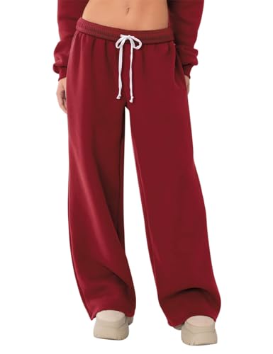 HeSaYep Women's Fleece Lined Sweatpants Wide Leg Baggy High Waisted Sweat Pants Drawstring Lounge Trousers Y2K Straight Leg Sherpa Pants Red S