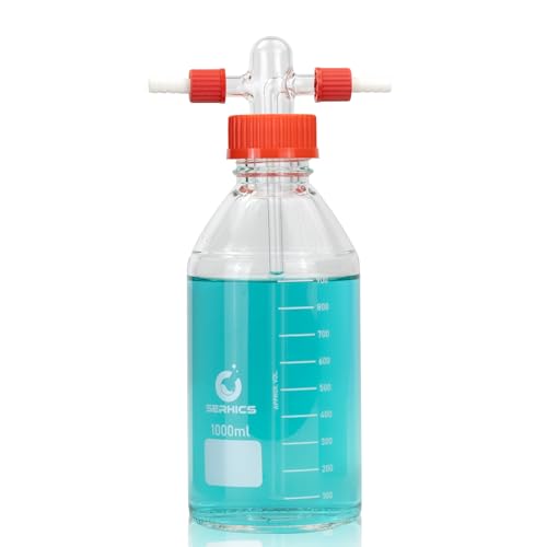 SERHICS 1000 ml Gas Washing Bottle,Borosilicate Glass Lab Gas Washing Bottle,GL45 Polypropylene Red Screw Cap with 9 mm GL14 PBT Red Screw Cap,1 set