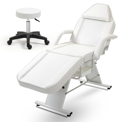 Jaxilyn Facial Bed Tattoo Chair with Two Trays Esthetician Bed Adjustable Folding Salon Bed with Hydraulic Stool Massage Bed for Professional Massage Facial Lash Beauty Treatment Spa White