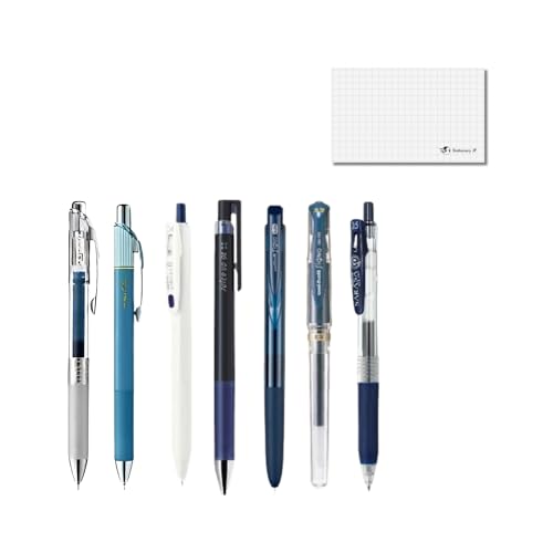 Stationery JP Blue Black Gel Pen Sampler, Fine/Medium/Bold Tip, Blue Black Ink, Japanese Gel Ballpoint Pen 7-Piece & Ink Testing Card Set