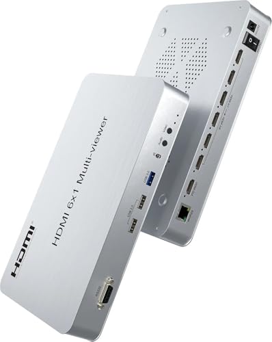 1080p 4K 60hz 6x1 HDMI Multiviewer 2 3 4 5 6 Screen Divider 6x1 Quad Multi-viewer Seamless Switch PIP Zoom in Out 180° Rotate(with EU Plug)