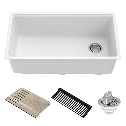 KRAUS Bellucci 32” in. Undermount Workstation Granite Kitchen Sink in White with Accessories, KGUW1-33WH