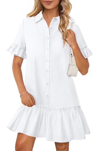 MEROKEETY Women's Summer Button Down Shirt Dress Casual Ruffle Sleeve Shift Mini Dresses with Pockets, White, X-Large