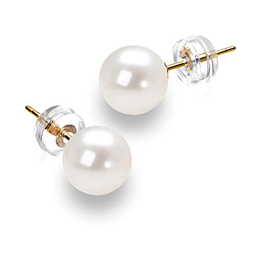 Simple 14K Gold White Real Freshwater Cultured Pearl Earrings Studs for Women (6mm)