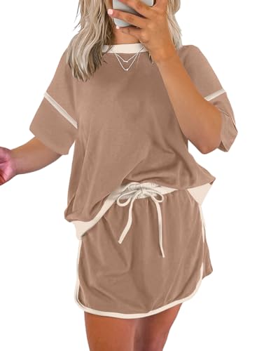 EVALESS Womens 2 Piece Outfits Casual Short Sleeve Color Block Knit Tops and Drawstring Waisted Mini Skirts 2025 Spring Summer Lounge Matching Skirt Sets Cozy Clothing for Women Khaki Medium