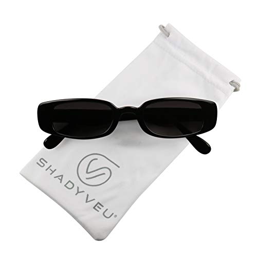ShadyVEU Slim Classic Rectangular Sunglasses UV Protection 90’s Vintage Small Wide Retro Frame Fashion Shades (Black Frame, Gradient Black Lens)