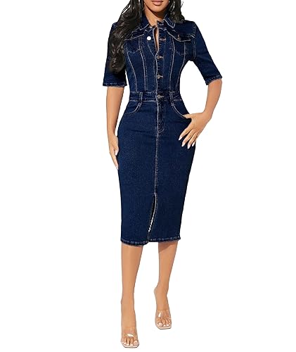 Sexyshine Women's Bodycon Denim Dress Elegant Half Sleeve 1/2 Button Down Placket Split Midi Denim Pencil Dress (25337BE,L)