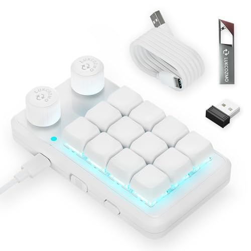 LUKCOZMO Macro Pad Programmable Keypad Customized 12-Key Mini Mechanical Gaming Keyboard - One Handed, Wireless BT RGB, OSU Micro Keyboard with Knob & Type C 1m Cable