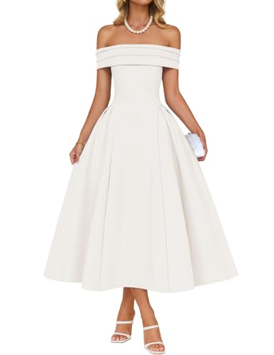 ZESICA Cocktail Dresses for Women's Elegant Off Shoulder Short Sleeve Swing A Line Wedding Evening Party Midi Dress,White,Medium