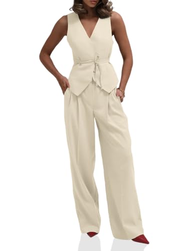 Cicy Bell Womens 2 Piece Outfits V Neck Tie Waist Blazer Vest and Wide Leg Business Casual Suit Pants Sets Apricot