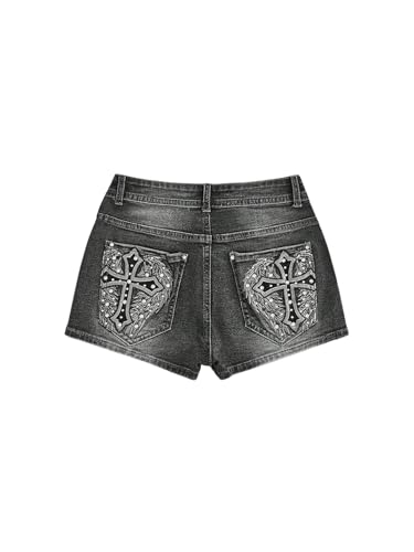 WDIRARA Women's Cross Embroidery Rhinestone Mini Denim Shorts Y2k Grunge Punk Jean Shorts