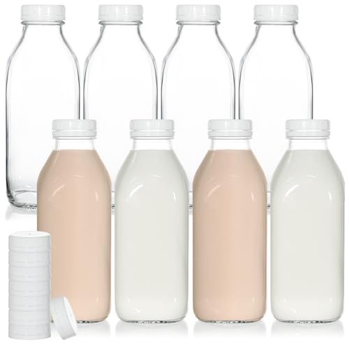 KEYWING 8 Pack 32oz Glass Milk Bottles with Airtight Lids – Reusable, Leak-proof Containers – Dishwasher Safe, Food Grade Glass Bottles – Ideal for Milk, Juice, Water, and Fridge Storage