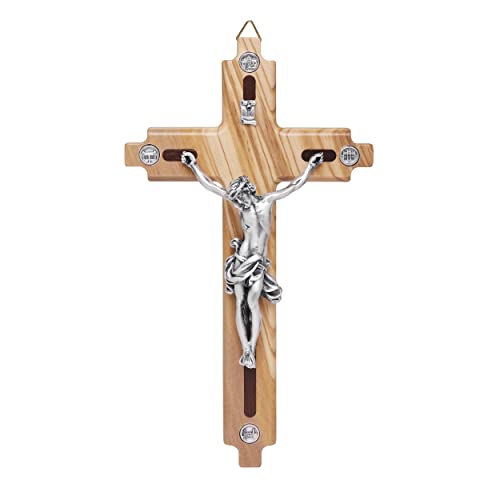 Mondo Cattolico - Crucifix wall cross Catholic Benedict During Pope's Angelus, Olive Wooden Crucifix with the Four Major Roman Basilicas Medals - Jesus Crucifix 8.26"x 4.72" - Ideal Catholic Gift
