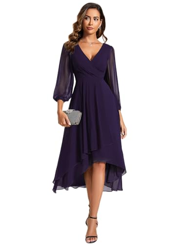 Ever-Pretty Women's Chiffon V Neck Long Sleeves Pleated A-Line Midi Length Wedding Guest Dress Dark Purple US14