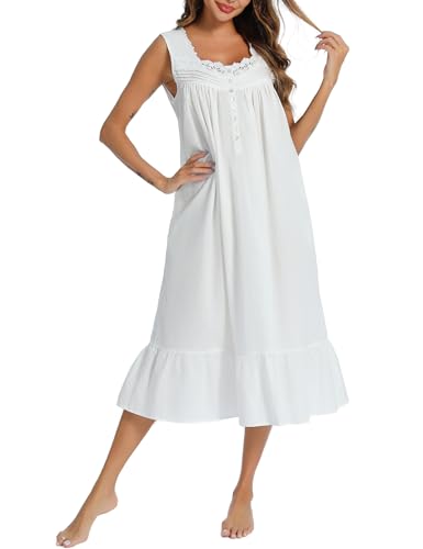 AVIIER 100% Cotton Nightgowns for Women Sleeveless Sleep Dress Ladies Gowns Sleepwear with Pockets (White, X-Large)