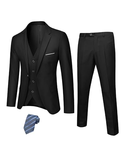 Hihawk Men's 3 Piece Suit with Stretch Fabric, Solid Slim Fit One Button Suit Blazer Set, Jacket Vest Pants with Tie. Black Medium