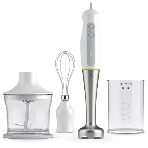Kenwood Triblade System Hand Blender, Mixer with Splash Guard, 0.5 Litre BPA-Free Plastic Cup, 0.5 Litre Chopper, Stainless Steel Whisk, 600 W, HDP109WG, Silver Colour