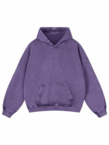 Adenorah Mens Hoodies Pullover Womens Oversized Y2K Fall Acid Wash Plain Cotton Heavyweight Hoodie Vintage Aesthetic Hooded Sweatshirt, Purple, Large