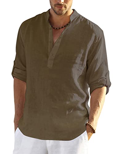 COOFANDY Men's Cotton Linen T-Shirts Long Sleeve Casual Beach T-Shirts Hippie T-Shirt for Men Brown