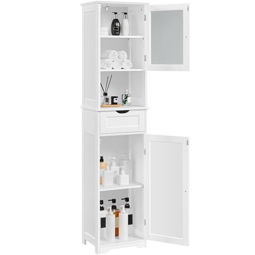 Yaheetech Tall Bathroom Storage Cabinet 67″, Wooden Floor Cabinet with Glass Door, Freestanding Storage Organizer with Adjustable Shelves, 1 Drawer and Open Storage for Bathroom, Kitchen, Living Room