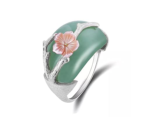 Stunning Plum Flower Ring with Natural Gemstone Green Aventurine in 925 Sterling Silver Ring Size 7.5. Women Fine Handmade Jewelry - PremiumPearl