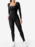 YEOREO Long Sleeve Jumpsuit for Women Workout V Back Bodysuit Lizvette Scrunch Butt Leggings One Piece Romper U Neck Full Length Yoga Bodycon Black Medium