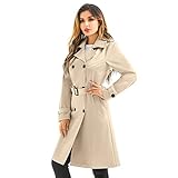 FARVALUE Women's Waterproof Trench Coat Long Double Breasted Windbreaker Classic Belted Lapel Overcoat with Removable Hood Khaki Large