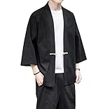 PRIJOUHE Men's Kimono Jackets Cardigan Casual Cotton Blends Linen Seven Sleeve Open Front Embroidery Coat