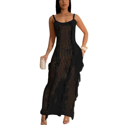 MTOYOU Crochet Knitted Beach Skirt Sleeveless Knitted Suspended Tassel Open Back Dress Black