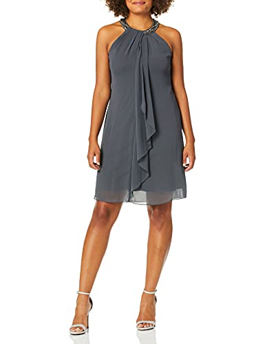 S.L. Fashions Women's Jewel Halter Neckline Cocktail, Wedding Guest, Perfect Party Dress (Petite and Regular Sizes), Steel, 14P