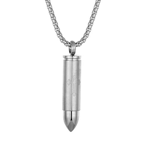 Striking Men’s Bullet Locket Necklace – Detailed with the Lord’s Cross in a Polished Gold, Silver or Black Finish – Rust & Discoloration Resistant Stainless Steel Pendant and Chain (Silver)