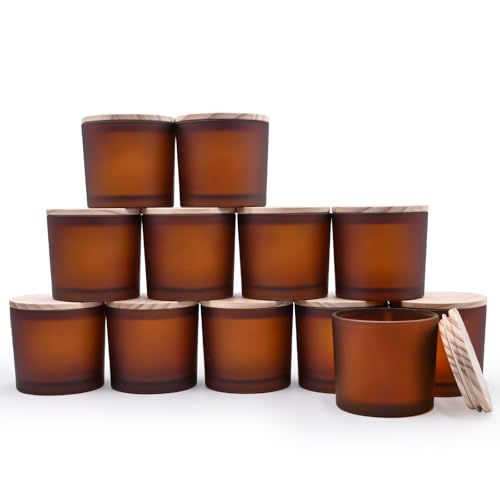 SHOWIN 12 OZ Thick Candle Jars for Making Candles 12 Pcs, Empty Amber Jars with Wood Lids for Spice Jars, Sample Container, Frosted Brown