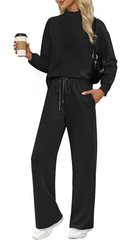 WIHOLL Black Two Piece Outfits for Women Fall Winter Matching Sets Women Clothing Lounge Sets Business Casual Outfits Travel Airport Fashion 2025 Mock Neck Long Sleeve Tops Wide Leg Pants Sets XL