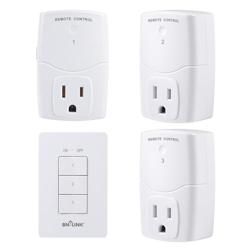 BN-LINK Mini Wireless Wall-Mounting Remote Control Outlet Switch Power Plug in for Household Appliances, Wireless Remote Light Switch, LED Light Bulbs, White (3 Outlets)