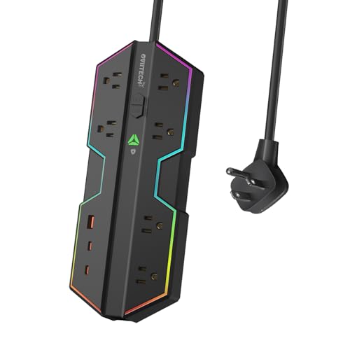 4000J Surge Protector Power Strip with USB Ports, 6 Outlets with RGB Lights and PD 20W Fast Charging, Full Spectrum Color-Select and Wide Spaced,Compatible with Gaming PC, Black
