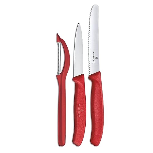 Victorinox Swiss Classic Paring Knife Set with Peeler - Includes a Straight Edge & Serrated Paring Knife, & Fruit & Vegetable Peeler - Red Handle, 3-Piece Set