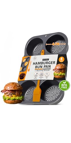 AKS Co Hamburger Bun Pan, Non-Stick Silicone - Oven-Safe, Vented 6-Cavity Baking Mold, Dishwasher Safe with Basting Brush