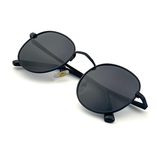 J+S Rehua Old School Round Polarized Sunglasses for Women Men | Spring Hinge Metal Frame | Polarized 100% UV 400 | Trendy Vintage Style | Medium Fit (Black Frame/Charcoal Black Lens)