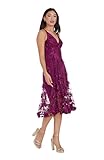 Dress the Population Women's Audrey Spaghetti Strap MIDI A-LINE 3D Floral Dress, Dark Magenta, L