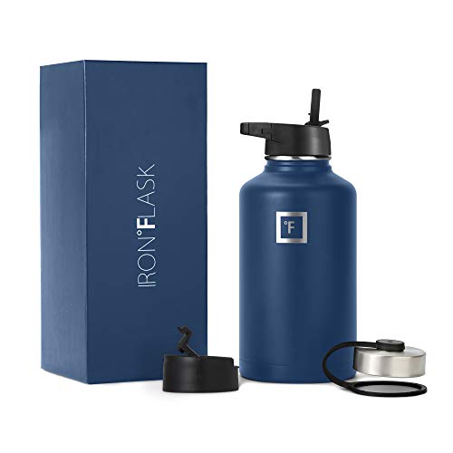 IRON °FLASK Camping & Hiking Hydration Flask with 3 Lids - Stainless Steel, Double Walled & Vacuum Insulated Water Bottle - Leak Proof & BPA Free (Twilight Blue, Straw - 64 oz)