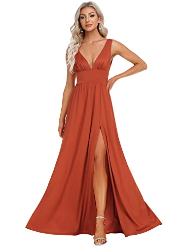 Ever-Pretty Women's Bridesmaid Dresses Deep V-Neck Sleeveless Side Slit Floor Length Wedding Guest Dress Burnt Orange US6