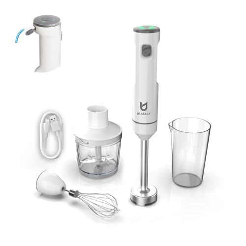 Cordless Hand Blender, UTALENT Variable Speed Immersion Blender Rechargeable, with 500ml Chopper, 600ml container, Egg Whisk, for Smoothies, Baby Food and Soups – White