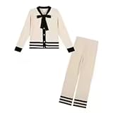 Knitted Two Piece Set Women Autumn Korean Long Sleeve Cardigan Tops Outfits Wide Leg Pants Suits Apricot S