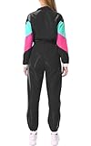 Yisfri Women's Vintage 80s 90s 2 Piece Outfit Retro Neon Full Zip Windbreaker Tracksuits Themed Party Joggers Set (Large, Black)