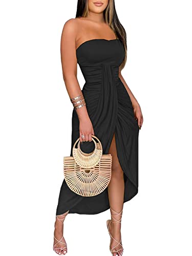 Umenlele Women's Strapless Ruched High Waist Wrap Split Asymmetrical Beach Maxi Long Dress Black#3 Large