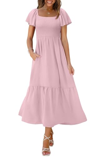 OFEEFAN Womens Maxi Dress Flutter Sleeve Smocked Modest Dress Baby Shower Pink S