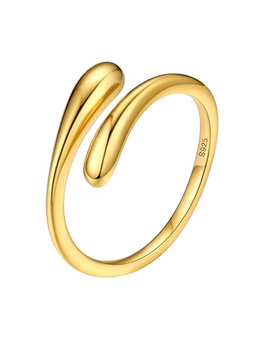 Bestyle Gold Vermeil Silver Ring for Women - 925 Sterling Silver Finger Wrap Gold Teardrop Rings Minimalist Adjustable Open Rings for Women Simple Women Gold Stacking Band Ring