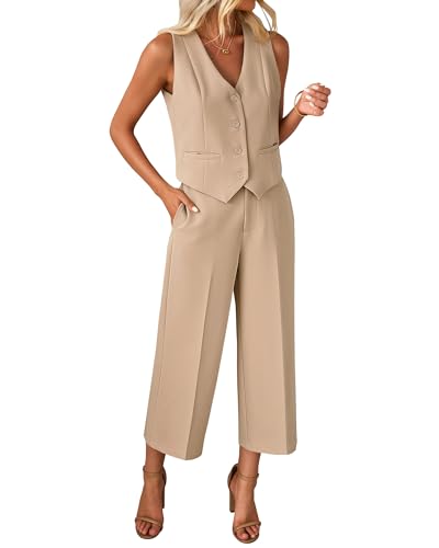 luvamia Pants Sets Women 2 Piece Outfits Dressy Y2K Sets Crop Top Outfits Beige 2 Piece Summer Clothes for Women Beige Medium Fits Size 8 / Size 10
